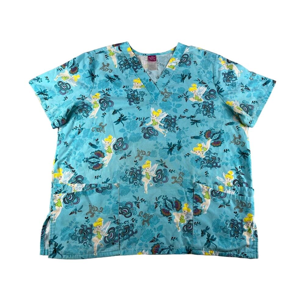 Disney Shirt Scrub Womens Large Blue Tinkerbell from Peter Pan Medical Childrens